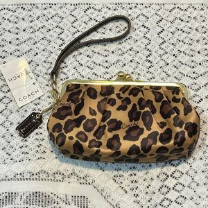 NWT Coach Gold Leopard Cheetah Print Satin Kisslock Wristlet Clutch